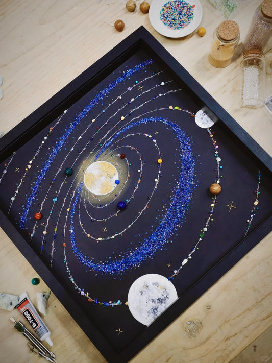 Upgraded Blue Solar System | Walnut With PE Plexiglass Dust Cover | Cosmic Space | Gift | Handmade | DIY Painting