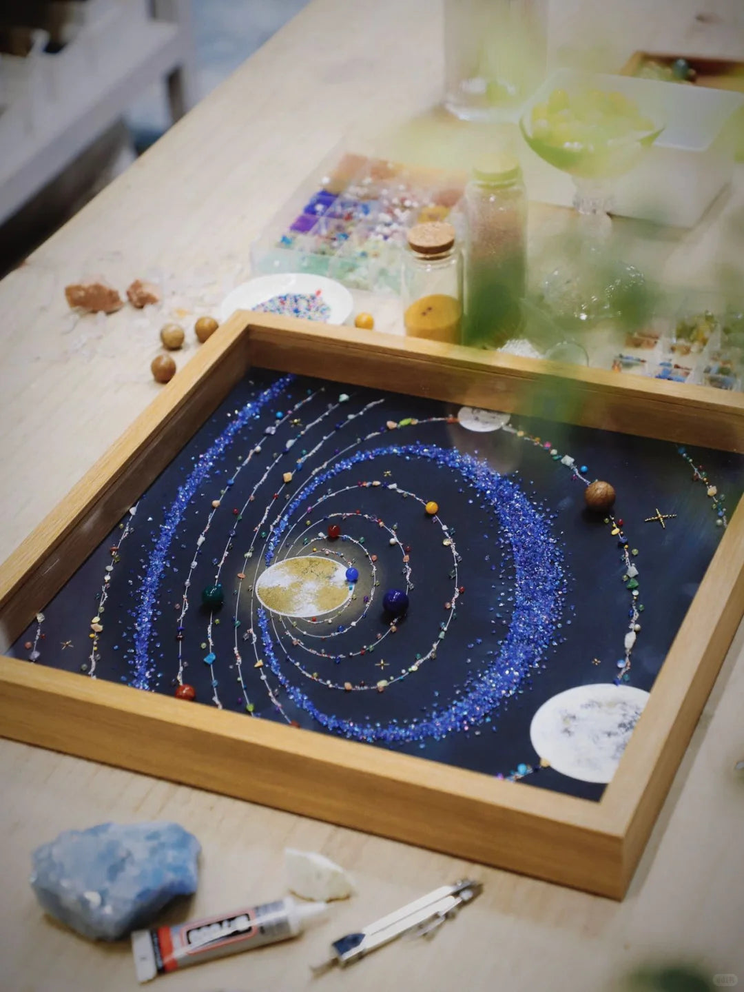 Upgraded Blue Solar System | Walnut With PE Plexiglass Dust Cover | Cosmic Space | Gift | Handmade | DIY Painting