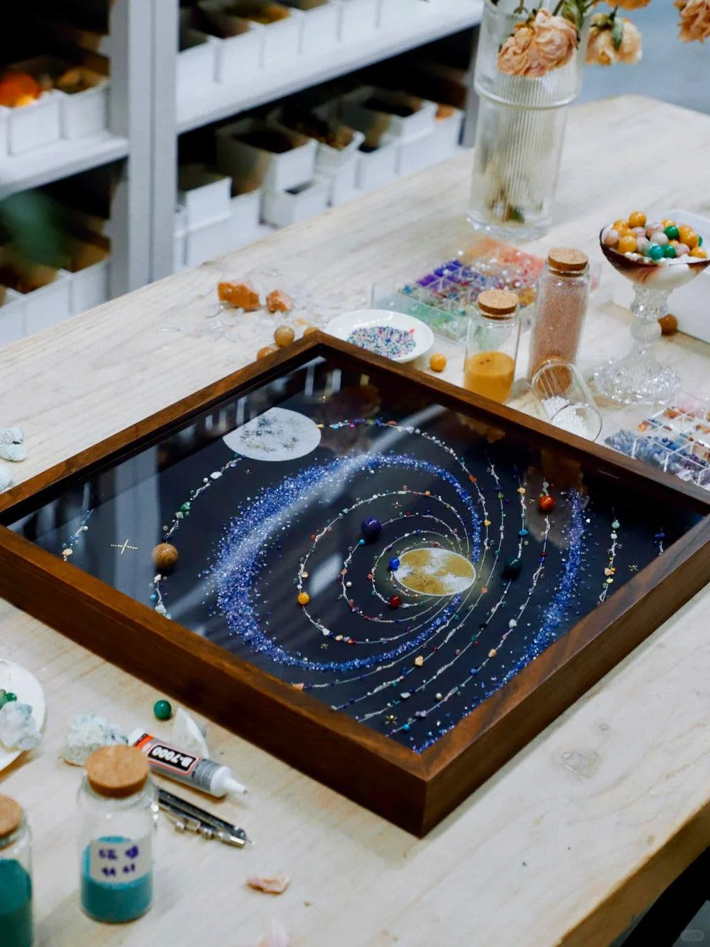 Upgraded Blue Solar System | Walnut With PE Plexiglass Dust Cover | Cosmic Space | Gift | Handmade | DIY Painting