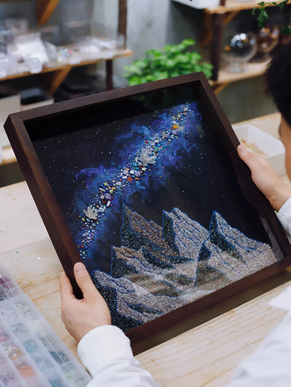 Snow Mountain | Galaxy | Nebula | Quartz Sand | Glass Dustproof Photo Frame | Mineral Specimen | Decorative Painting | Living Room Hanging Painting | Boyfriend Gift | Recommendation Original
