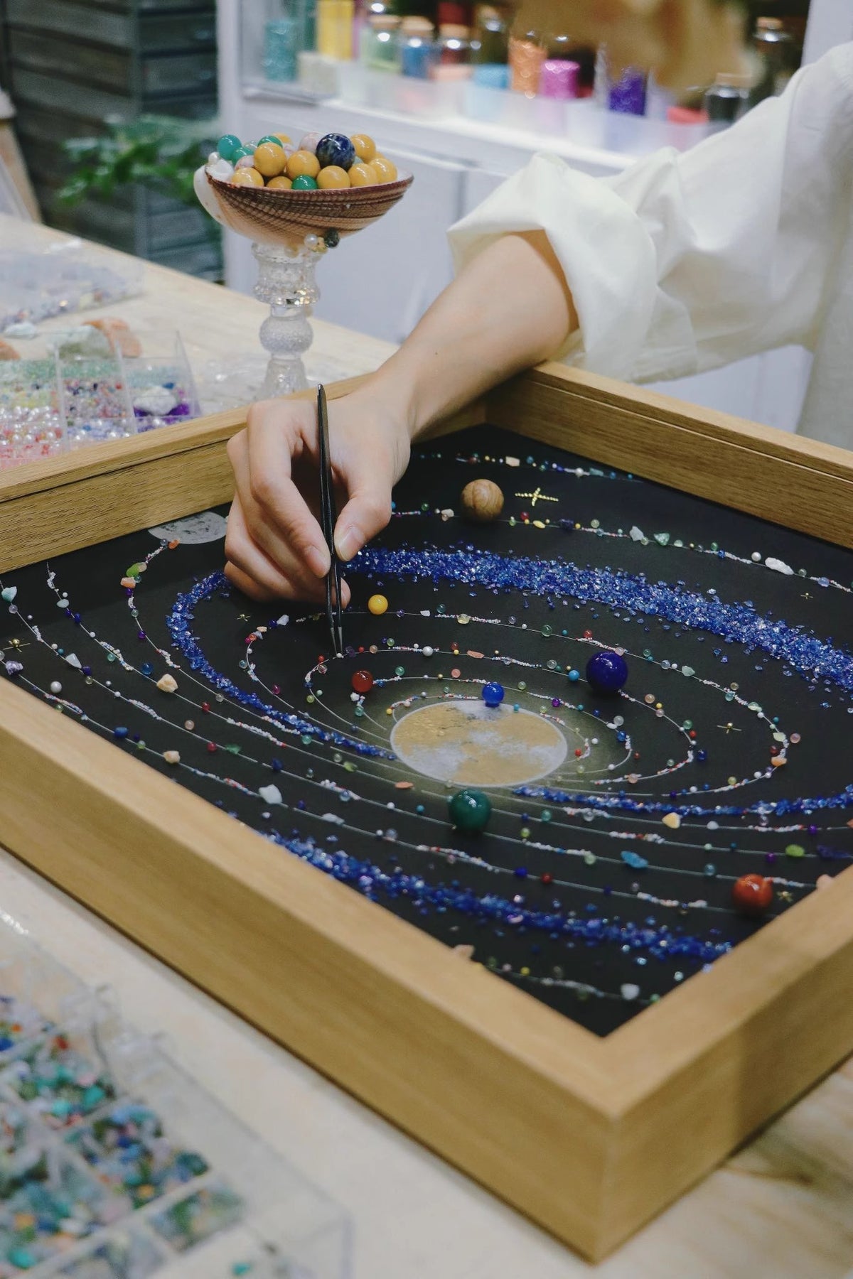 Upgraded Blue Solar System | Walnut With PE Plexiglass Dust Cover | Cosmic Space | Gift | Handmade | DIY Painting
