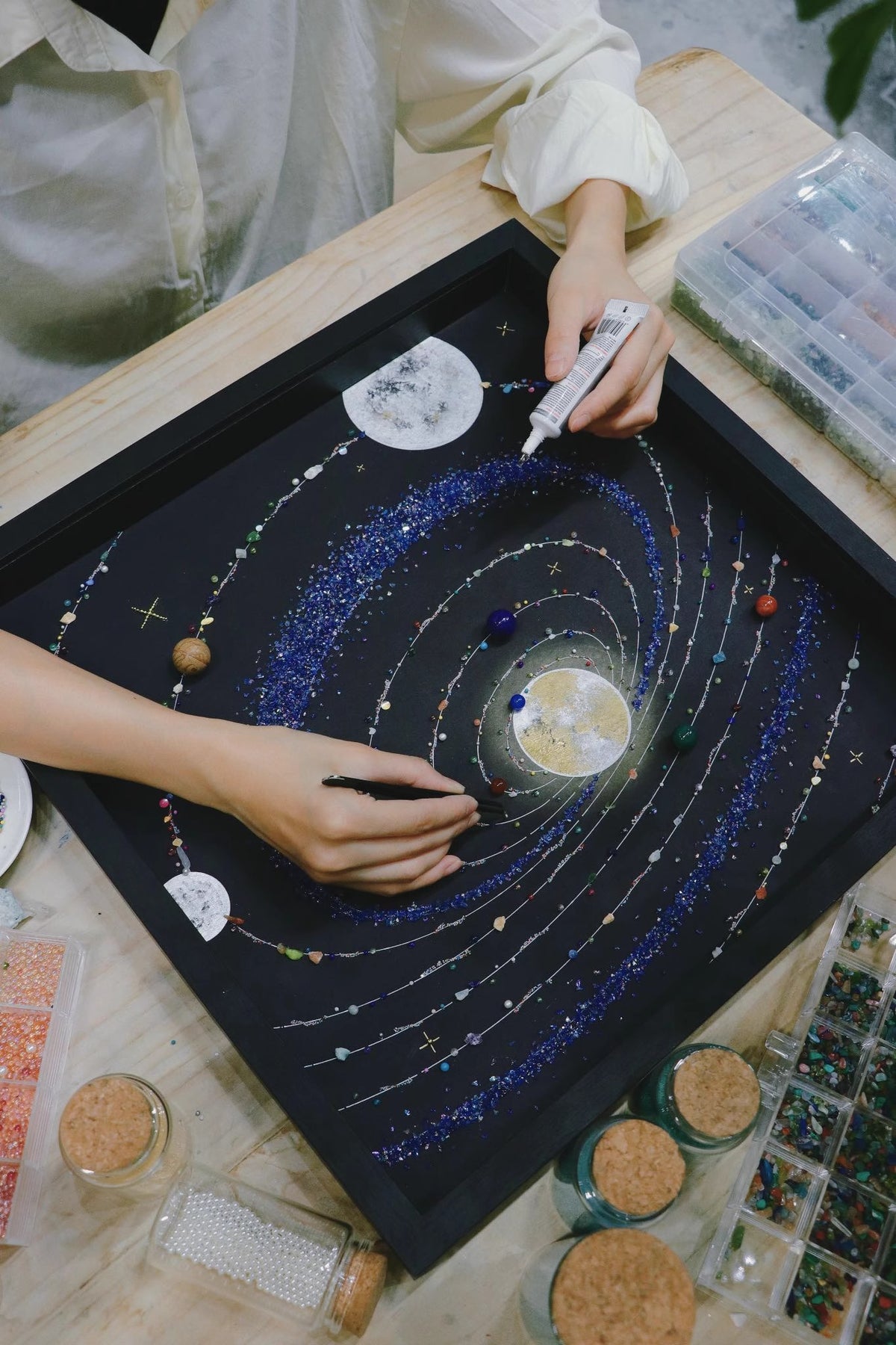 Upgraded Blue Solar System | Walnut With PE Plexiglass Dust Cover | Cosmic Space | Gift | Handmade | DIY Painting