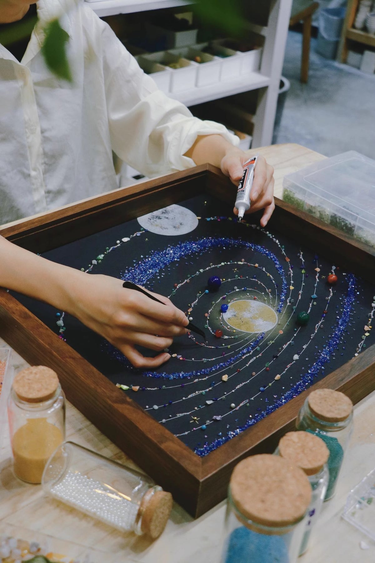 Upgraded Blue Solar System | Walnut With PE Plexiglass Dust Cover | Cosmic Space | Gift | Handmade | DIY Painting