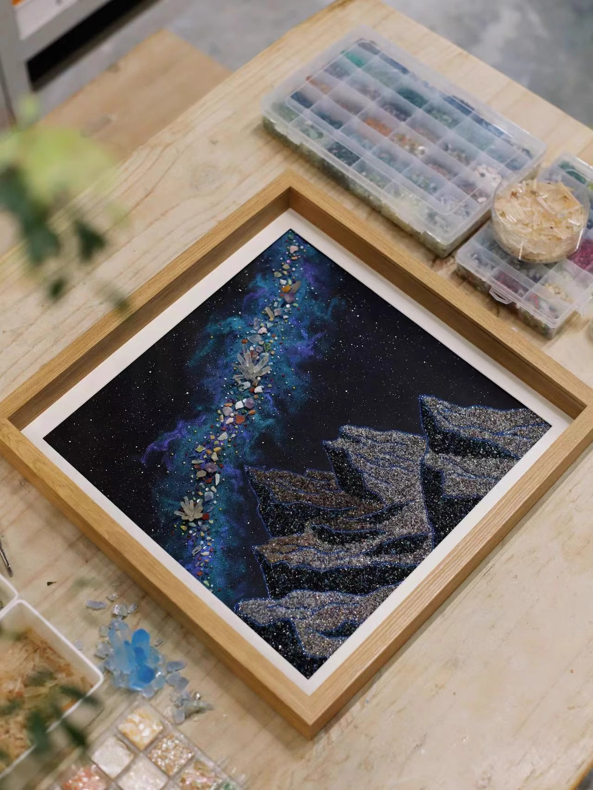 Snow Mountain | Galaxy | Nebula | Quartz Sand | Glass Dustproof Photo Frame | Mineral Specimen | Decorative Painting | Living Room Hanging Painting | Boyfriend Gift | Recommendation Original