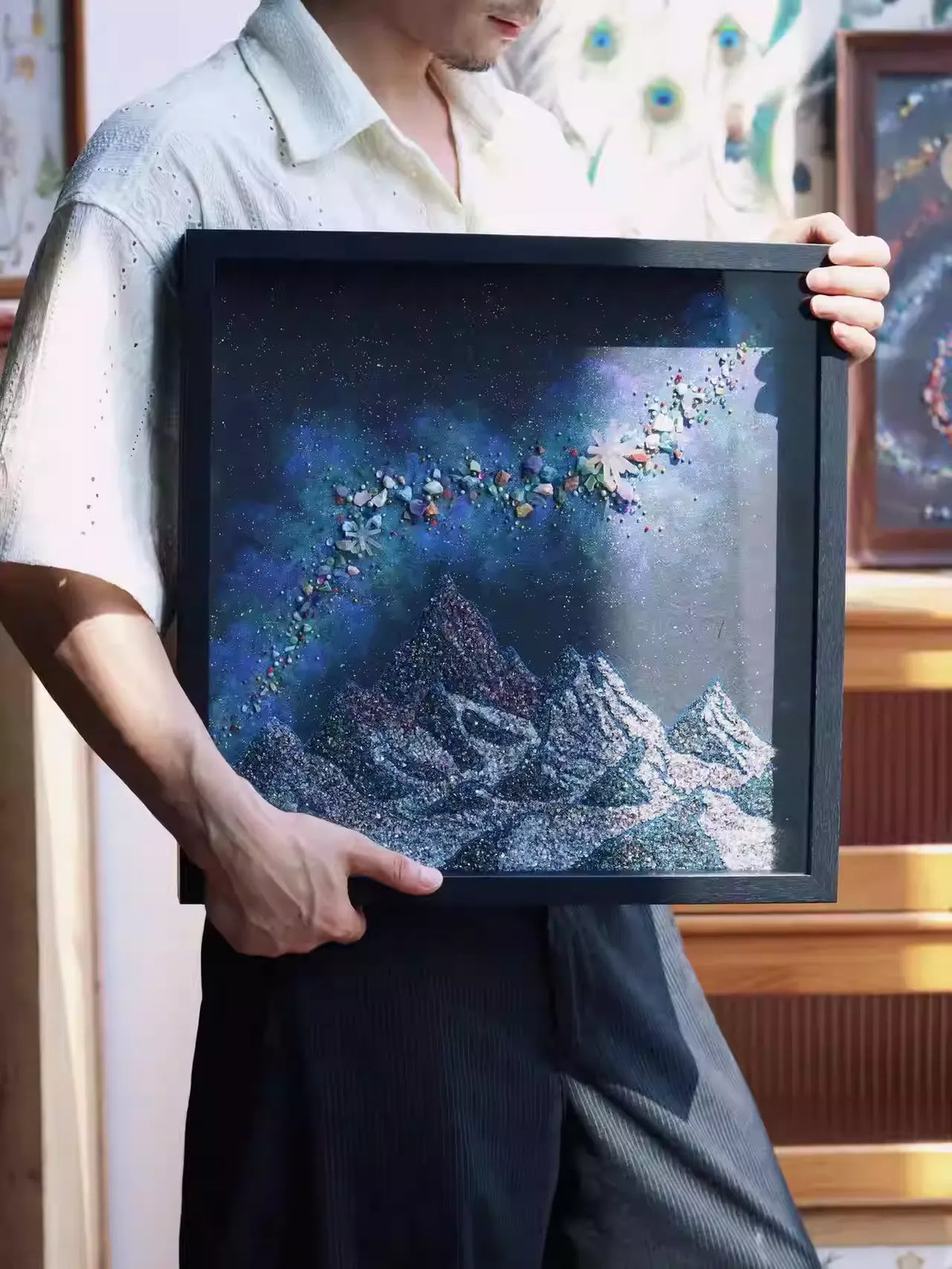 Snow Mountain | Galaxy | Nebula | Quartz Sand | Glass Dustproof Photo Frame | Mineral Specimen | Decorative Painting | Living Room Hanging Painting | Boyfriend Gift | Recommendation Original
