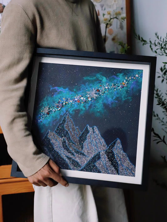 Snow Mountain | Galaxy | Nebula | Quartz Sand | Glass Dustproof Photo Frame | Mineral Specimen | Decorative Painting | Living Room Hanging Painting | Boyfriend Gift | Recommendation Original
